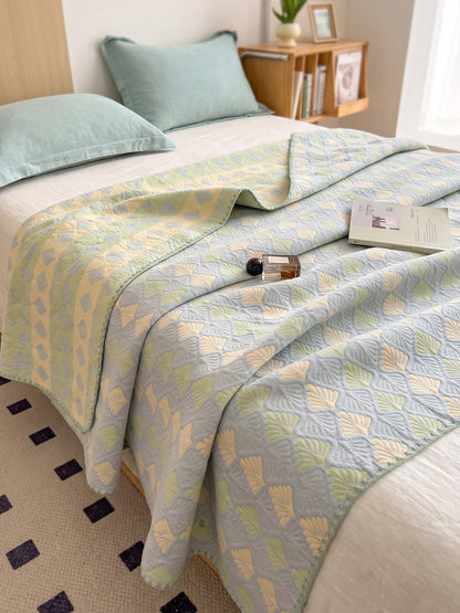 Vintage Green Yellow Geometric Patchwork Jacquard Quilted Throw Three‑Layer Gauze Cotton Blanket