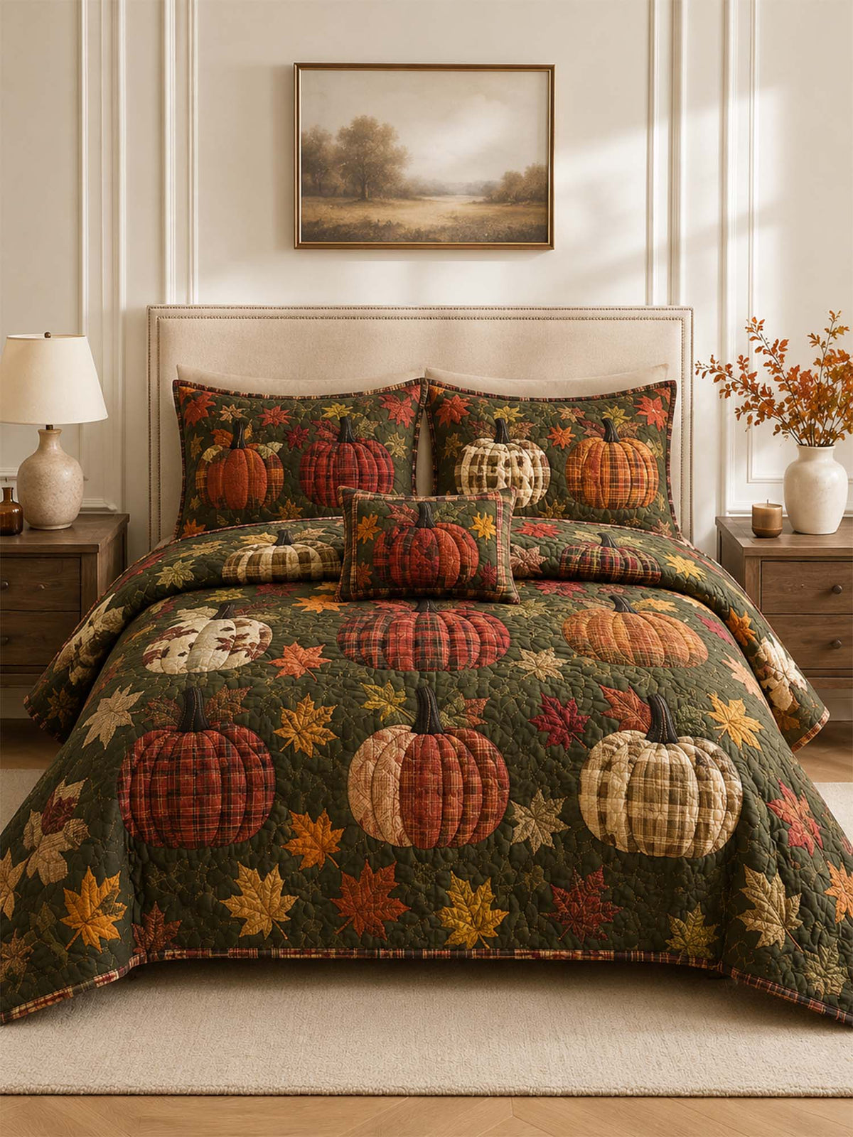 H.PAI Plaid Pumpkin Autumn Harvest Quilted 3-Piece Bedding Set
