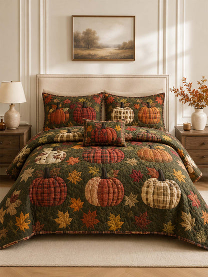 H.PAI Plaid Pumpkin Autumn Harvest Quilted 3-Piece Bedding Set