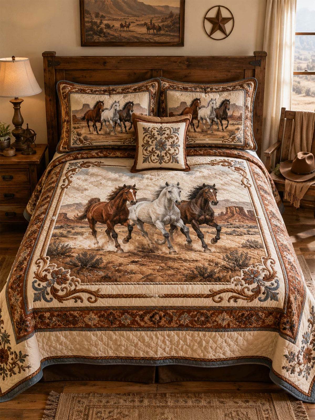 H.PAI Equestrian Horse Patchwork Quilted 3-Piece Bedding Set