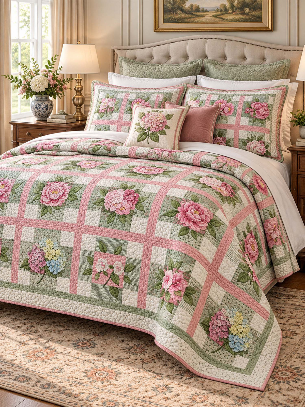 Pink Rose & Hydrangea Garden Quilted 3-Piece Bedding Set