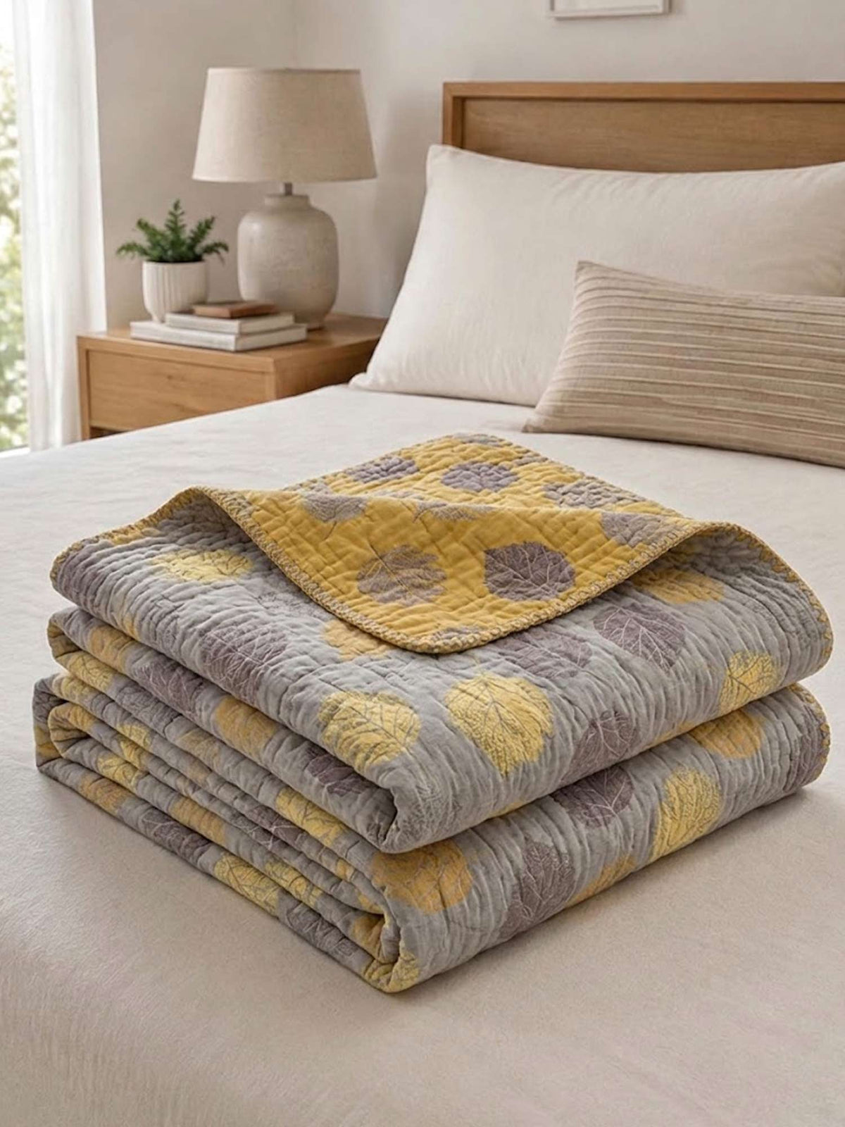 Vintage Golden Yellow Gray Autumn Leaf Jacquard Quilted Throw Three‑Layer Gauze Cotton Blanket