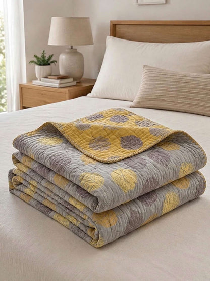 Vintage Golden Yellow Gray Autumn Leaf Jacquard Quilted Throw Three‑Layer Gauze Cotton Blanket