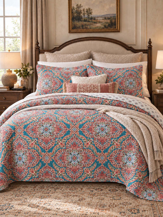 Turquoise Boho Medallion Reversible 100% Cotton Quilted Bedding Set
