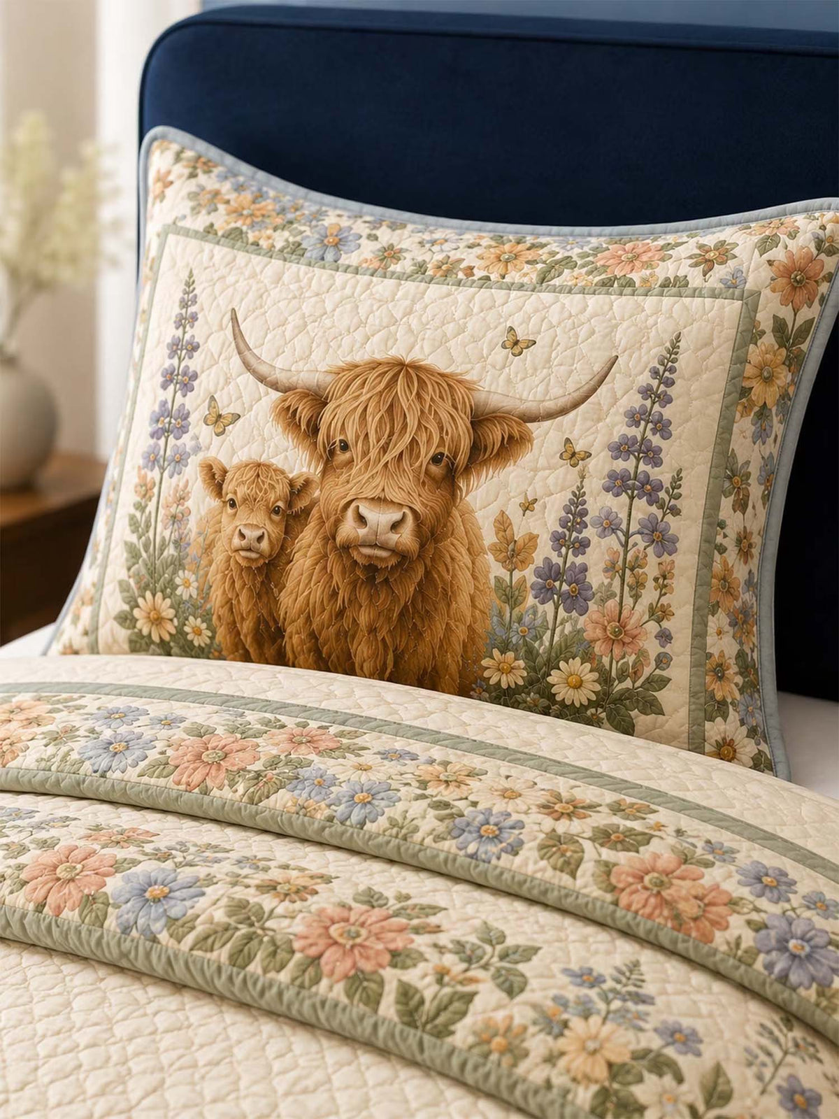 H.PAI Garden Highland Cow Gathering 3-Piece Quilted Bedding Set