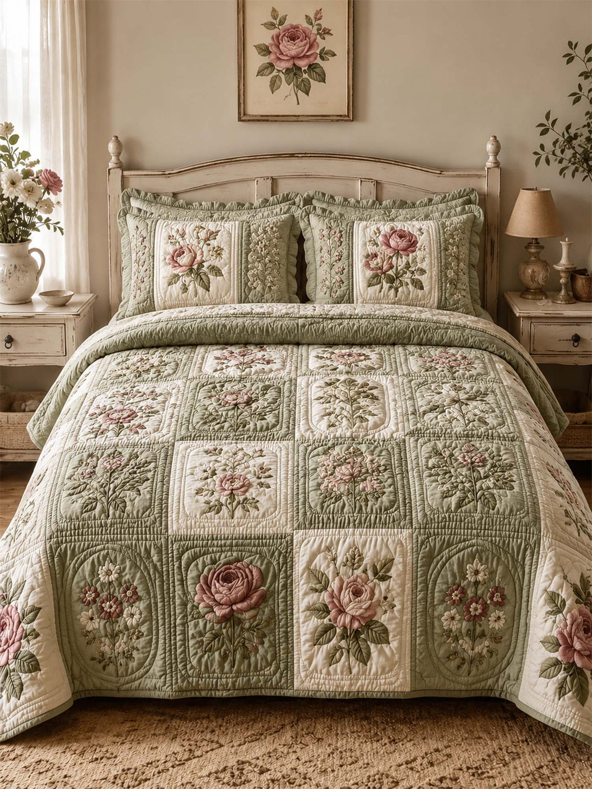 Vintage Rose Floral Quilted 3-Piece Bedding Set