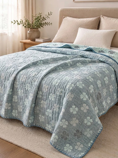 Vintage Blue Floral Jacquard Quilted Throw Three‑Layer Gauze Cotton Blanket