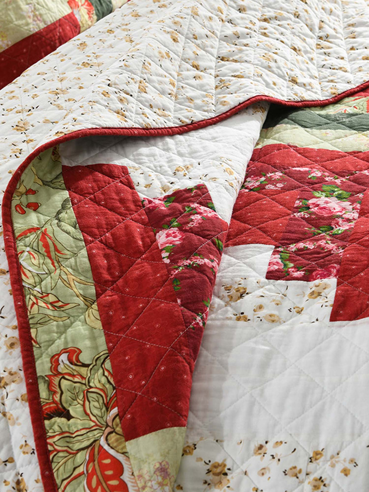 Vintage Floral Log Cabin Patchwork 100% Cotton Quilted 3-Piece Bedding Set