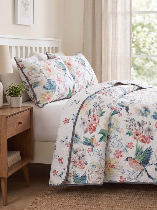 Vintage Bird Floral Garden Print Quilted 3‑Piece Bedding Set