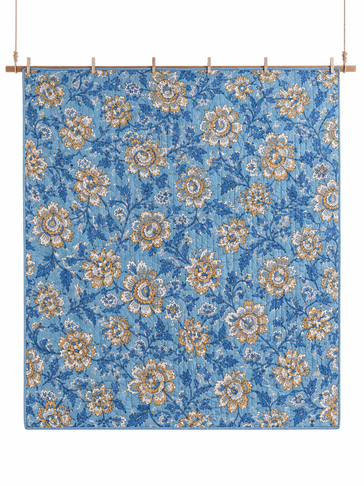 Blue Botanical Floral Quilted 3-Piece Bedding Set