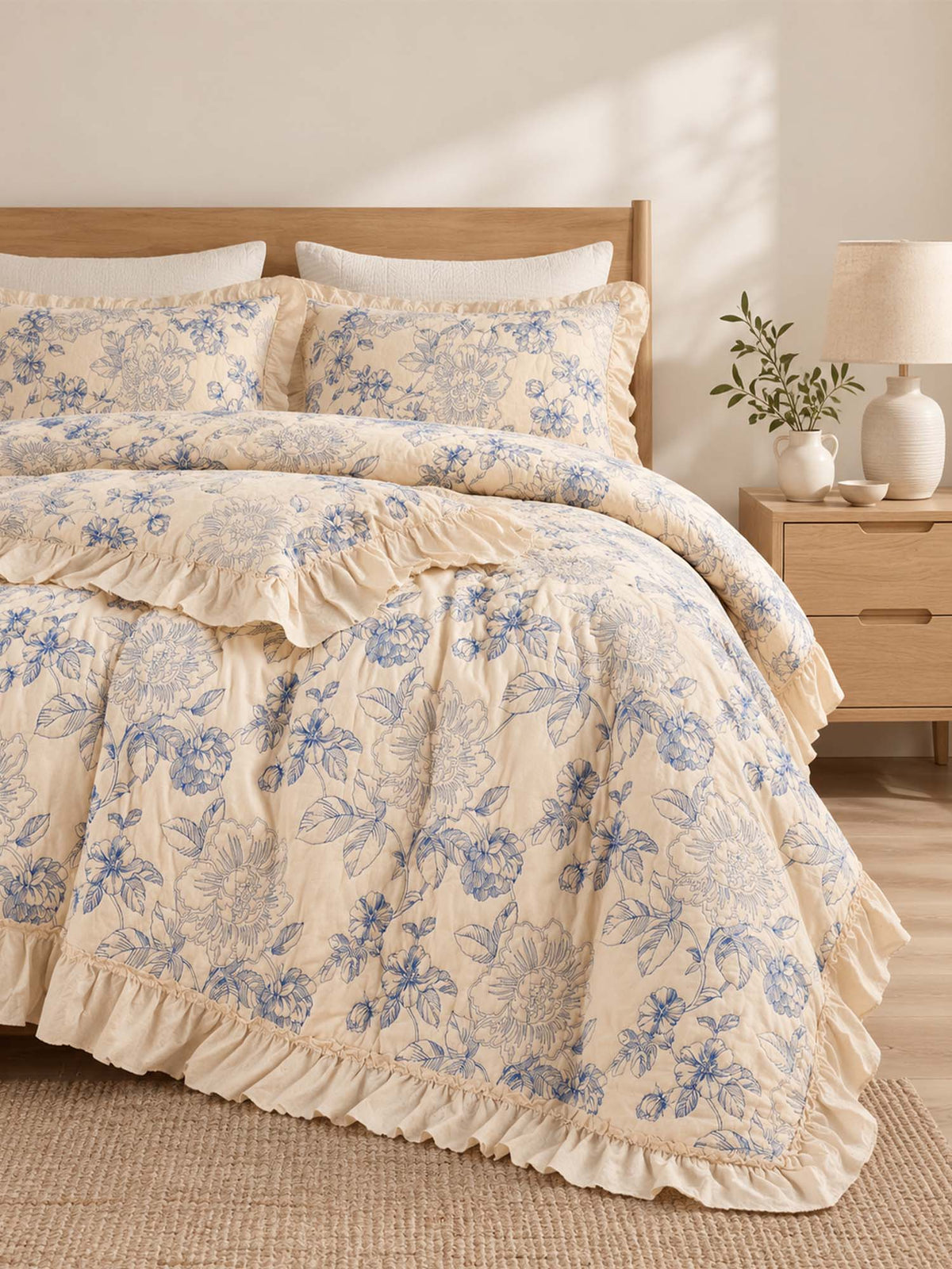 Blue Botanical Garden Quilted 3-Piece Bedding Set