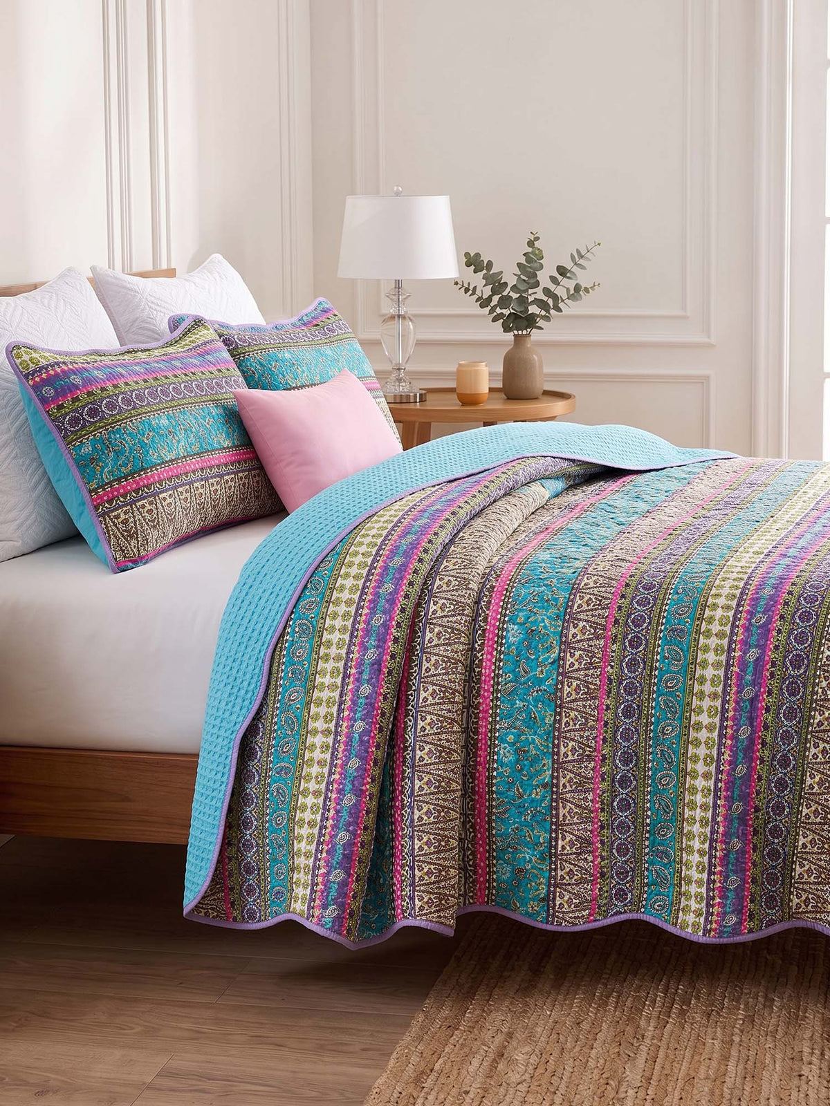 Turquoise Boho Stripe Quilted 3-Piece Bedding Set