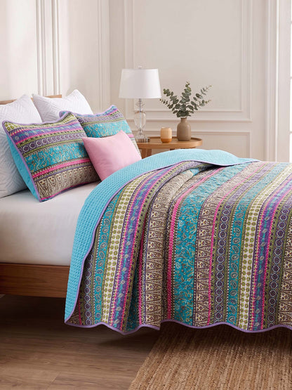 Turquoise Boho Stripe Quilted 3-Piece Bedding Set