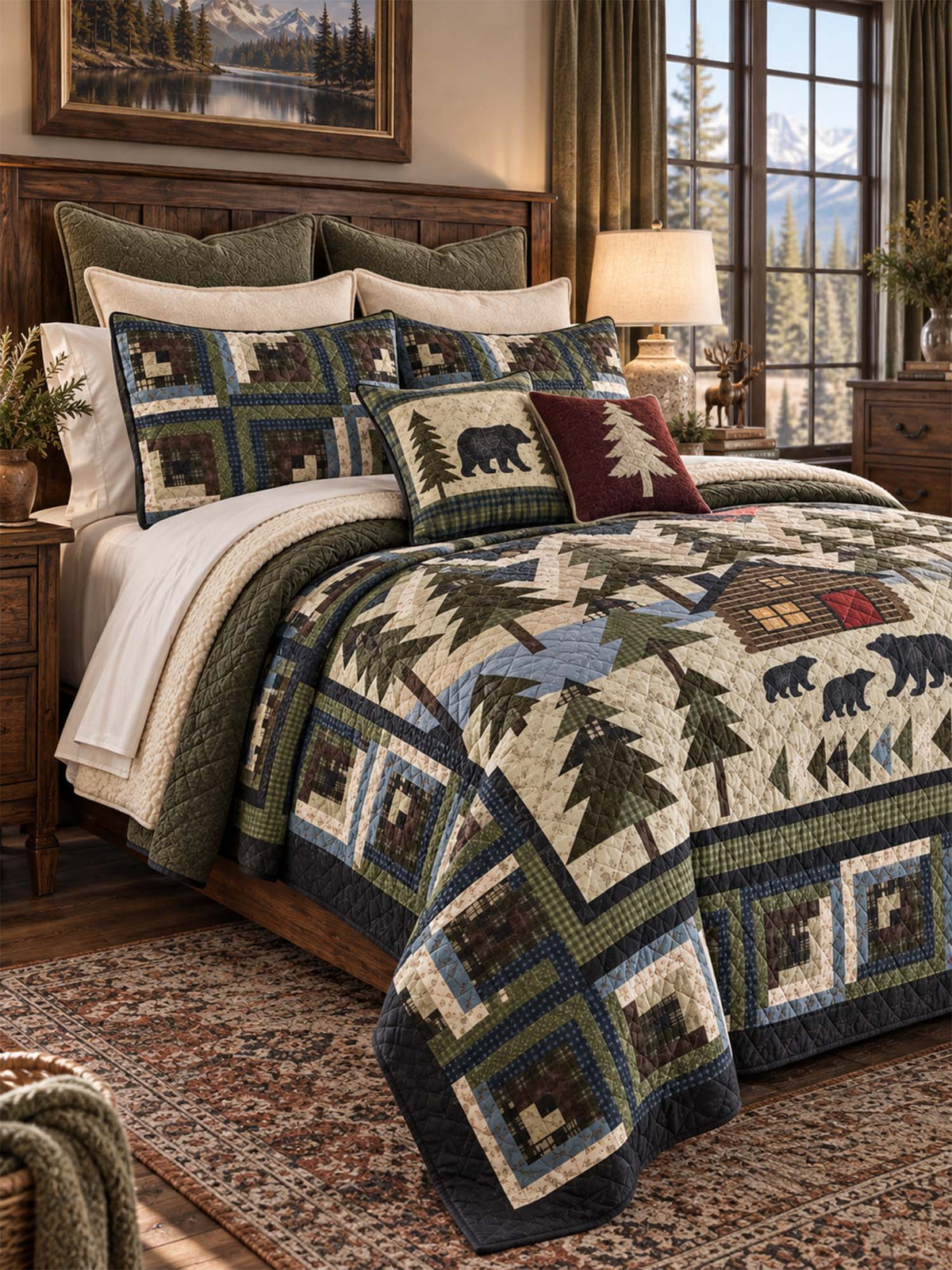 Bear Cabin Woodland Patchwork Quilted 3-Piece Bedding Set