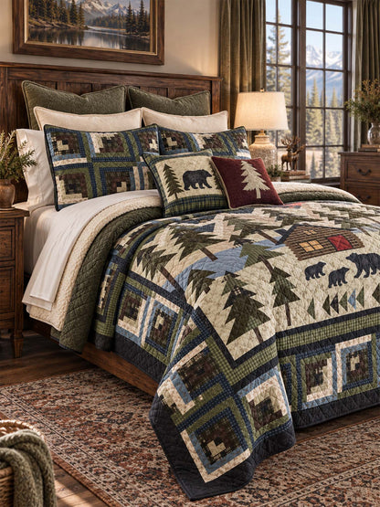 Bear Cabin Woodland Patchwork Quilted 3-Piece Bedding Set