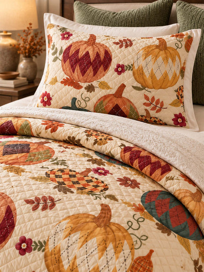 Argyle Pumpkin Autumn Harvest Quilted 3-Piece Bedding Set