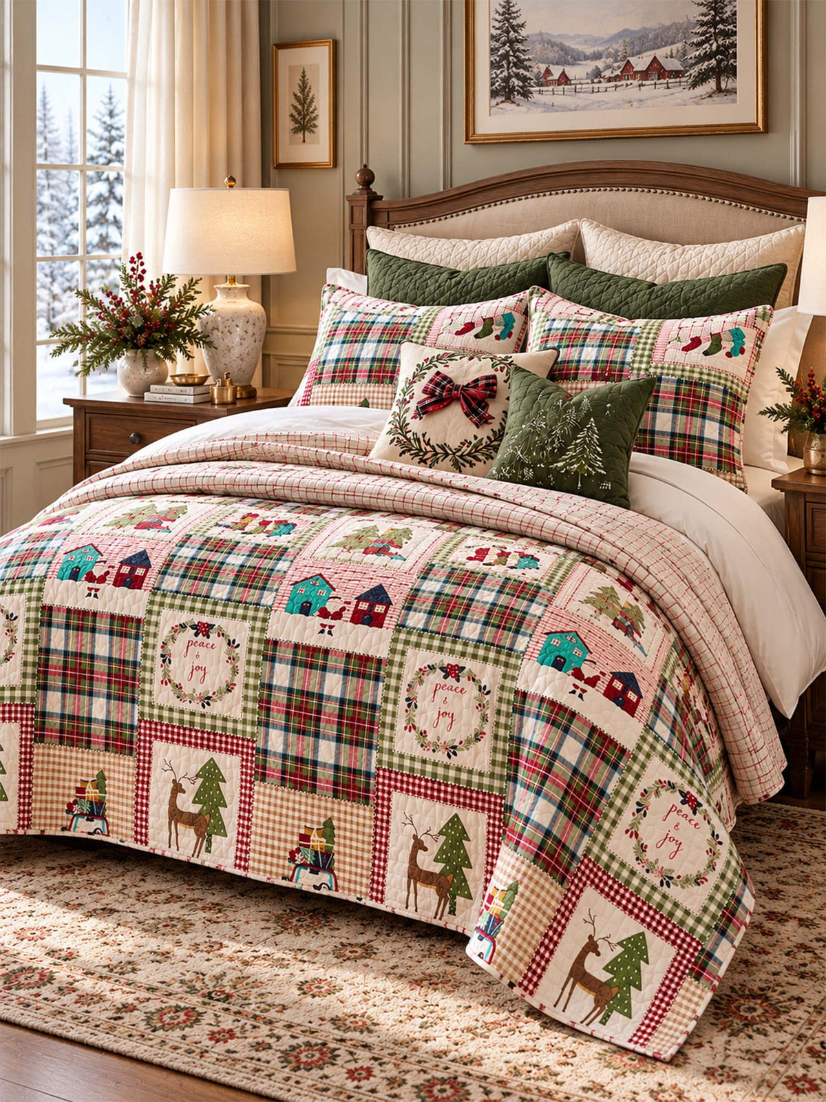 Plaid Deer Cottage Peace & Joy Patchwork Quilted 3-Piece Bedding Set