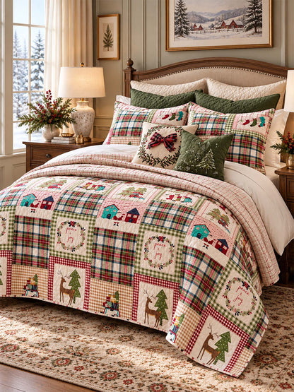 Plaid Deer Cottage Peace & Joy Patchwork Quilted 3-Piece Bedding Set