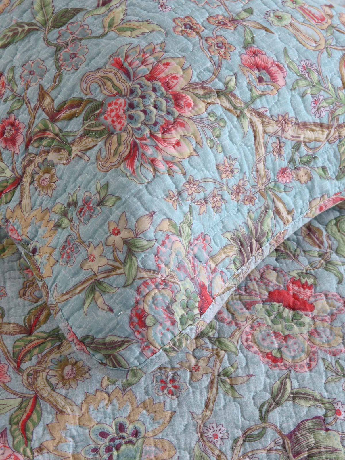 Light Blue Country Garden Floral Print Quilted 3‑Piece Bedding Set