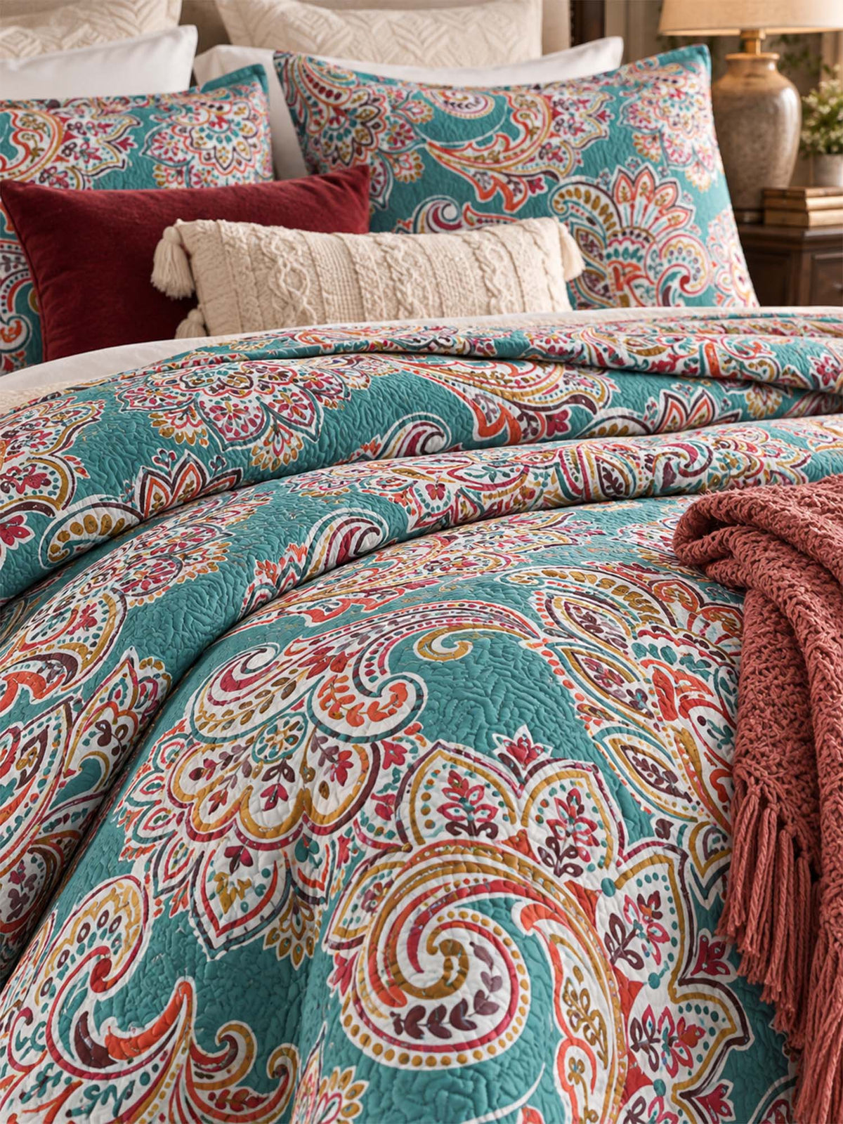 Turquoise Paisley Boho 100% Cotton Quilted Bedding Set