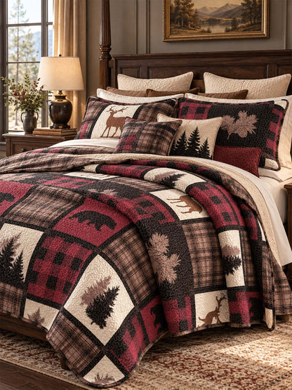 Burgundy Bear & Deer Plaid Woodland Quilted 3-Piece Bedding Set