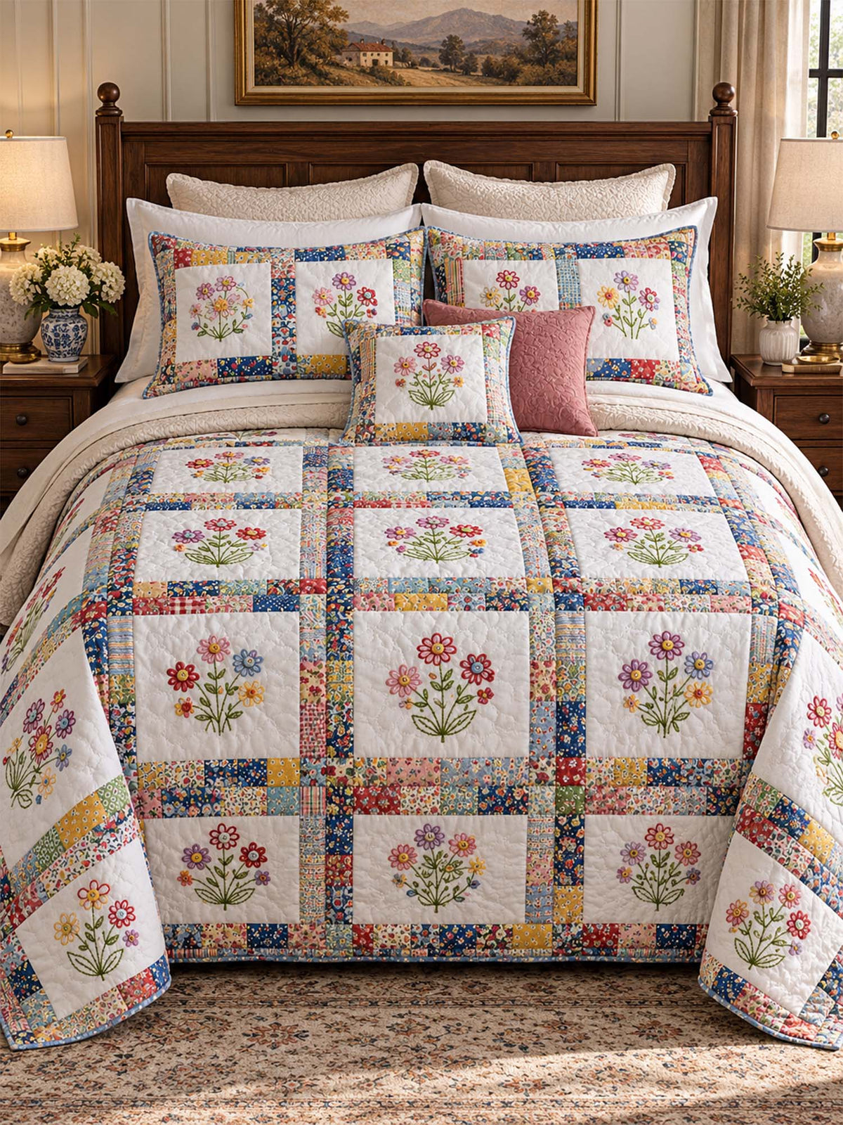 Wildflower Cottage Patchwork Quilted 3-Piece Bedding Set