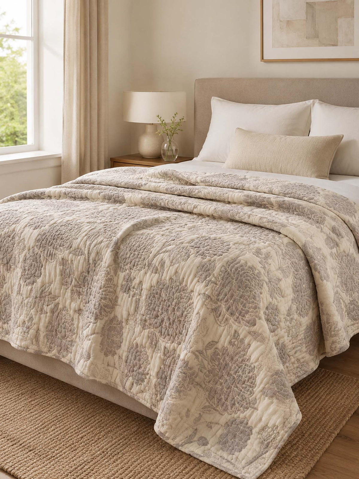 Vintage Grey Peony Floral 100% Cotton Gauze Soft Puff Blanket
