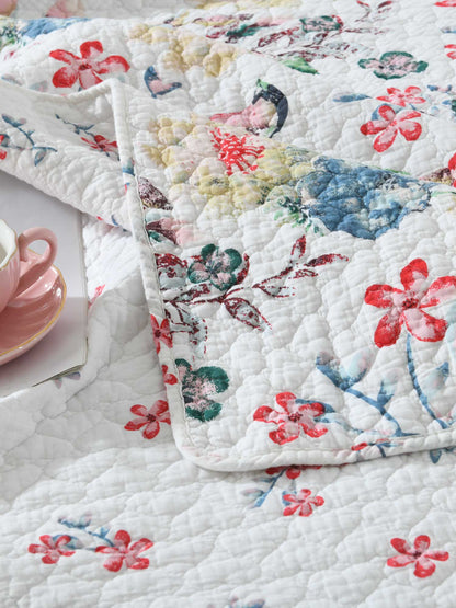 Vintage Bird Floral Garden Print Quilted 3‑Piece Bedding Set