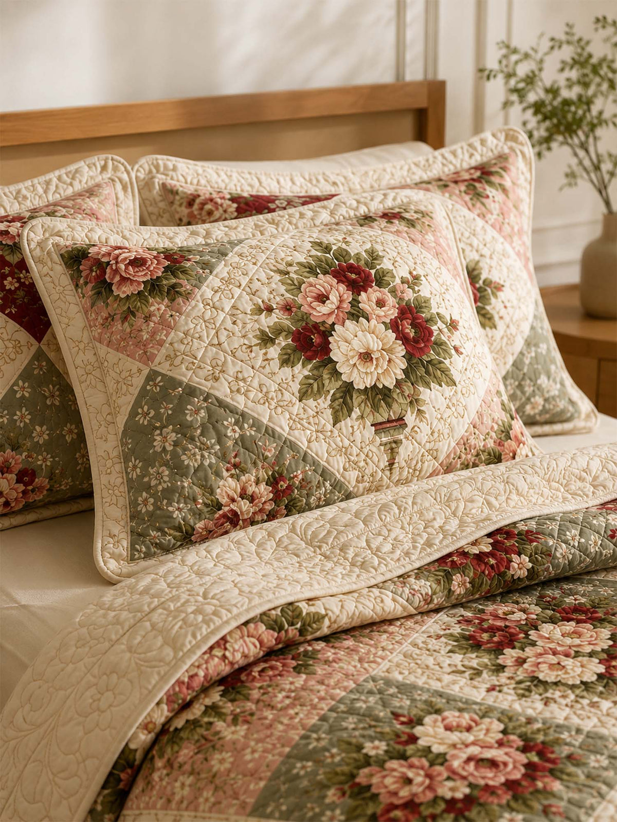 H.PAI Vintage Rose Garden Quilted 3-Piece Bedding Set