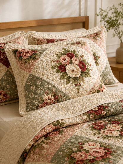H.PAI Vintage Rose Garden Quilted 3-Piece Bedding Set