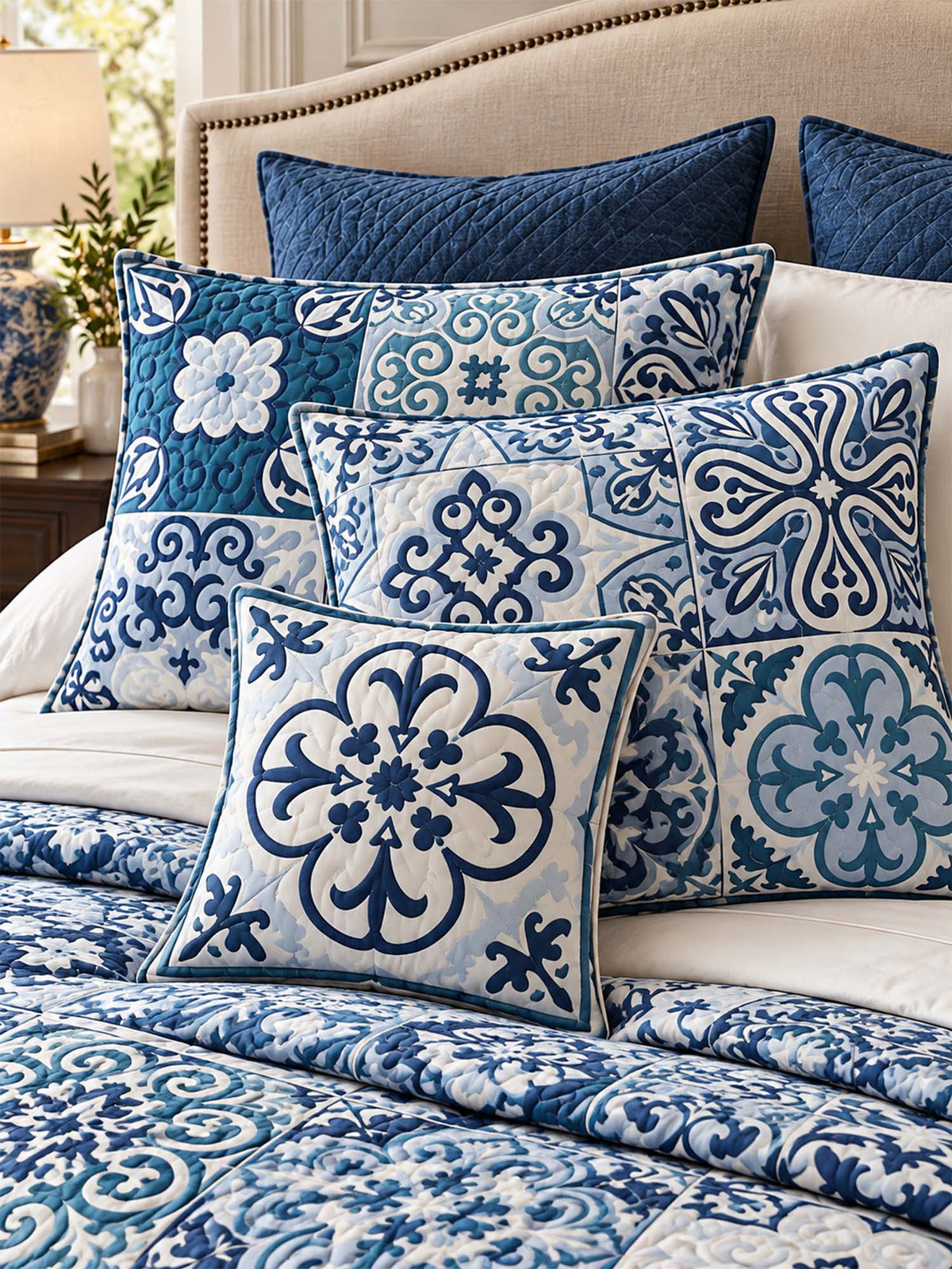 Blue Mediterranean Tile Patchwork Quilted 3-Piece Bedding Set