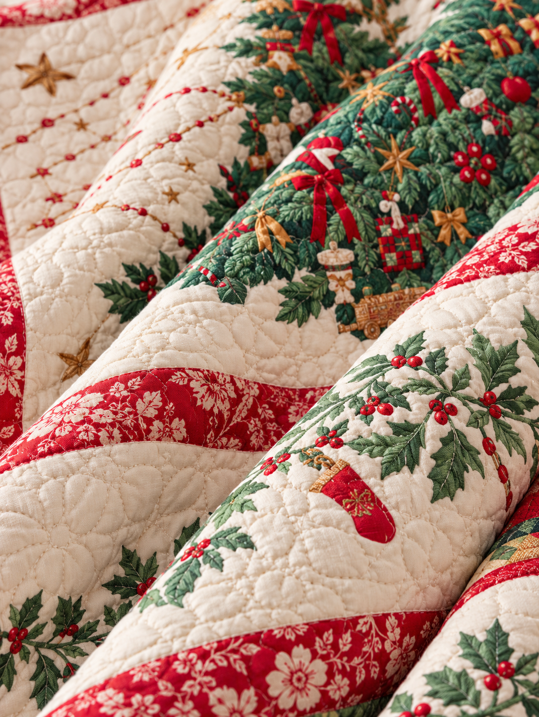 Vintage Christmas Tree and Holly Quilted 3-Piece Bedding Set