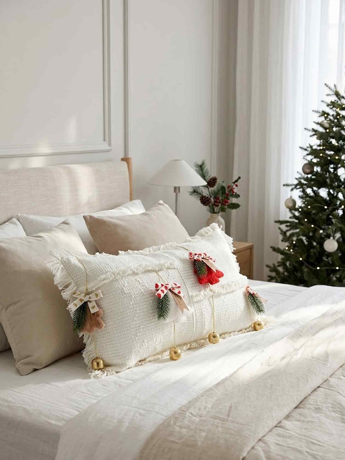 Cream Christmas Tree Bell Fringed Lumbar Pillow Cover