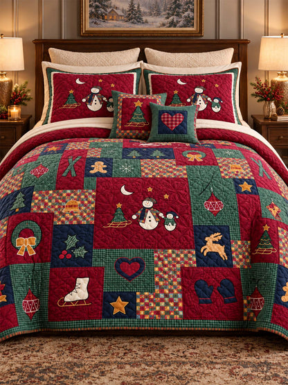 Christmas Snowman Patchwork Quilted 3-Piece Bedding Set