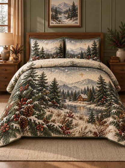 Winter Cottage Pine Forest Quilted 3-Piece Bedding Set