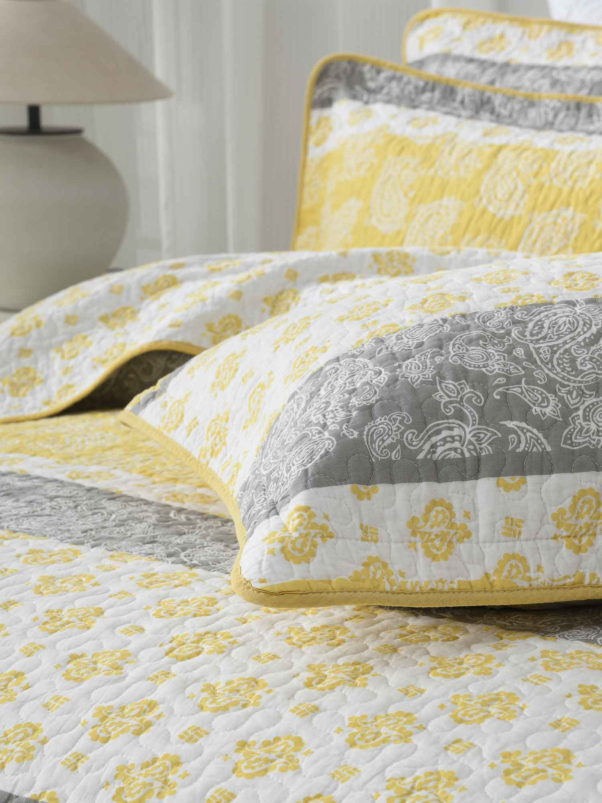 Yellow Grey Paisley Stripe Quilted 3‑Piece Bedding Set