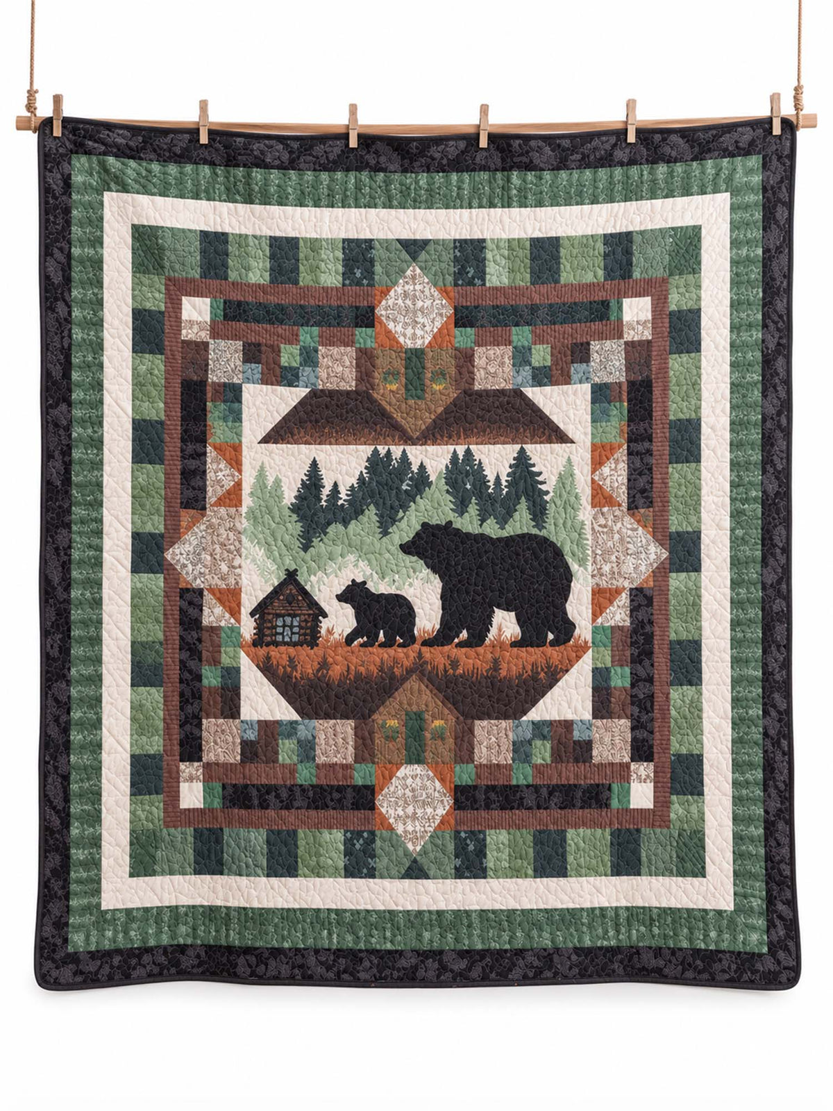 Woodland Bear Family Cabin Patchwork-Style Quilted Blanket
