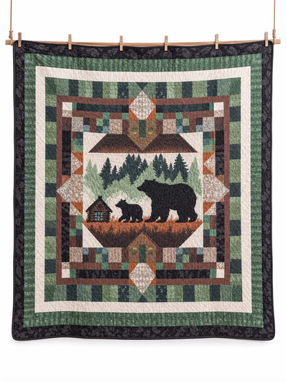 Woodland Bear Family Cabin Patchwork-Style Quilted Blanket