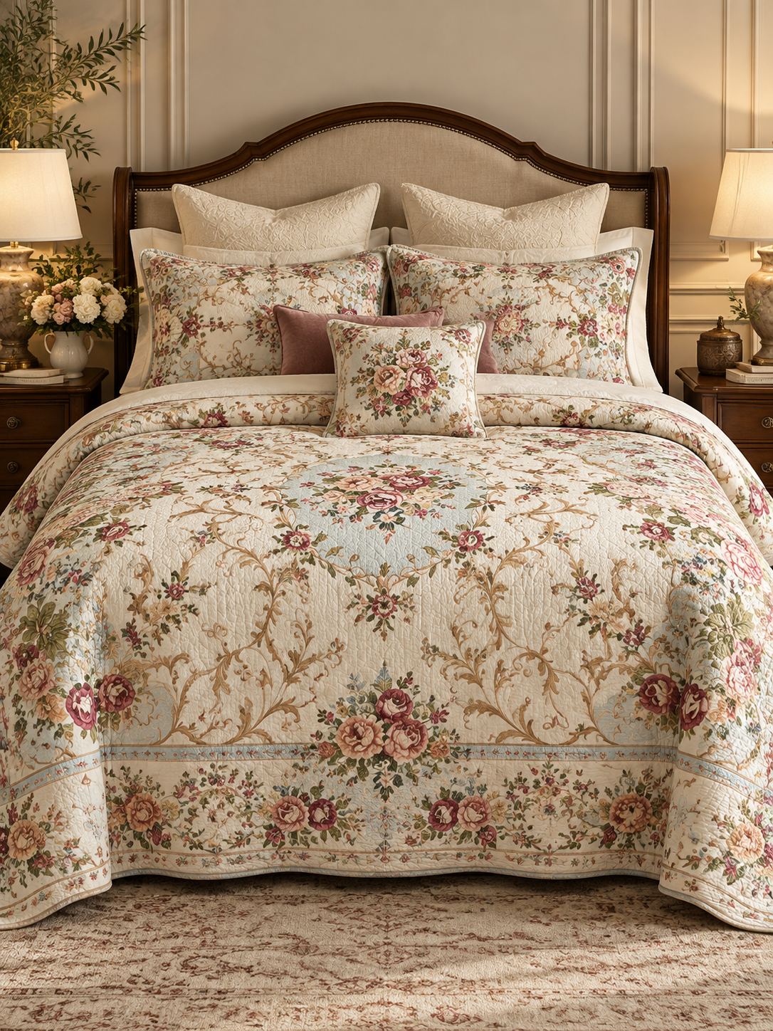 Vintage Botanical Rose Floral Quilted 3-Piece Bedding Set