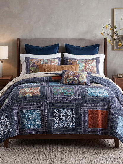 Navy Paisley Pieced Patchwork Reversible 100% Cotton Quilted 3-Piece Bedding Set