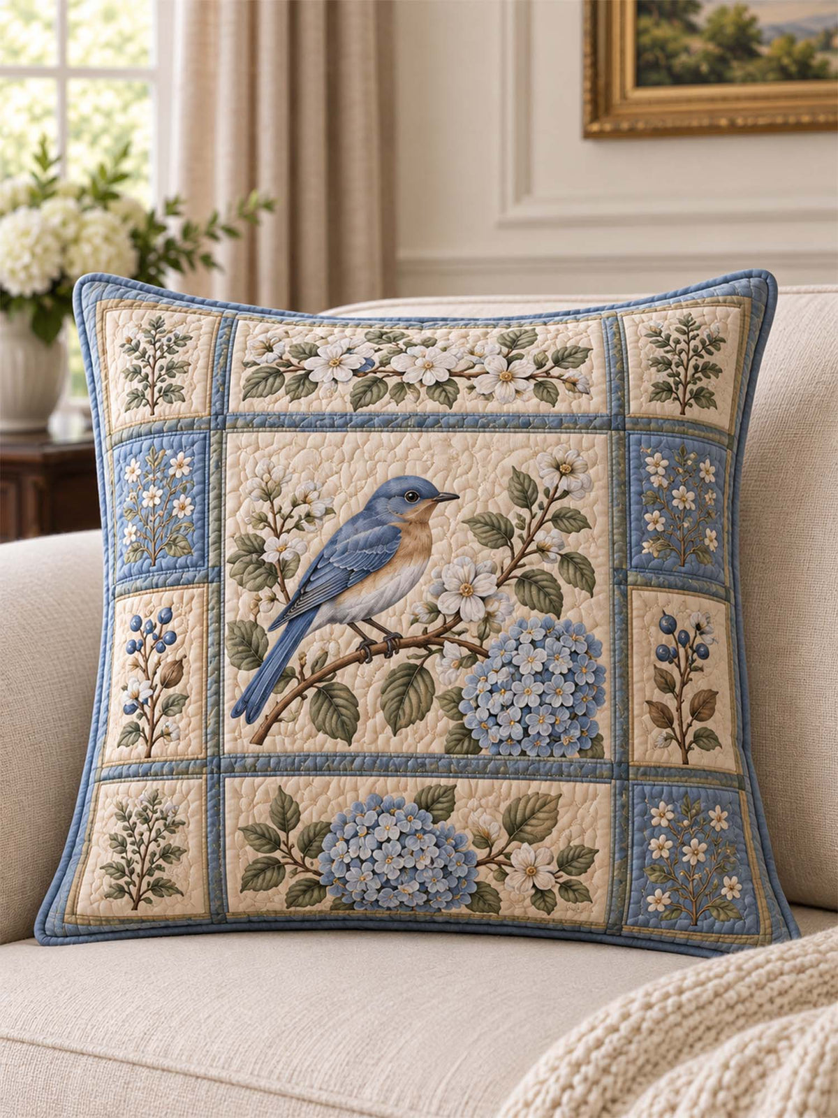 Bluebird Hydrangea Garden Quilted Pillow Cover