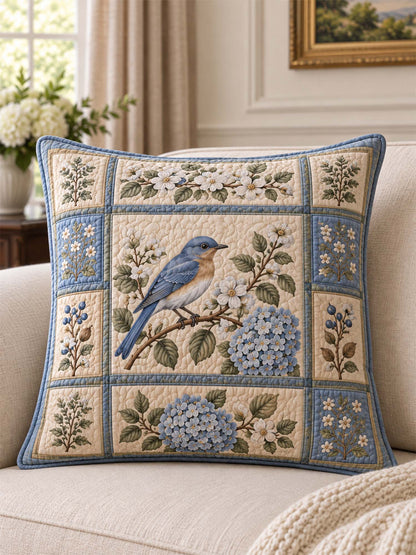 Bluebird Hydrangea Garden Quilted Pillow Cover