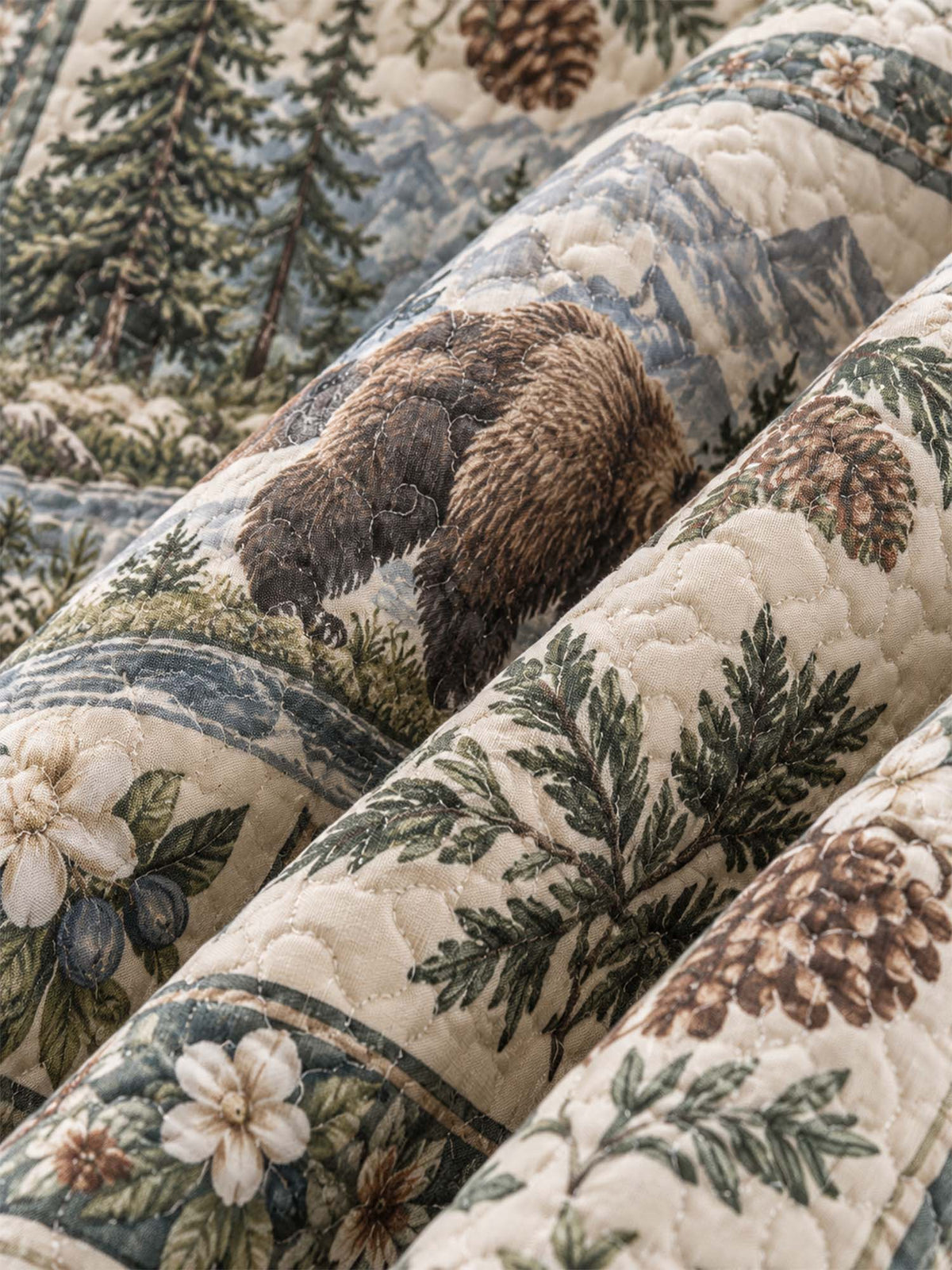 Mountain Bear Pine Forest Quilted 3-Piece Bedding Set