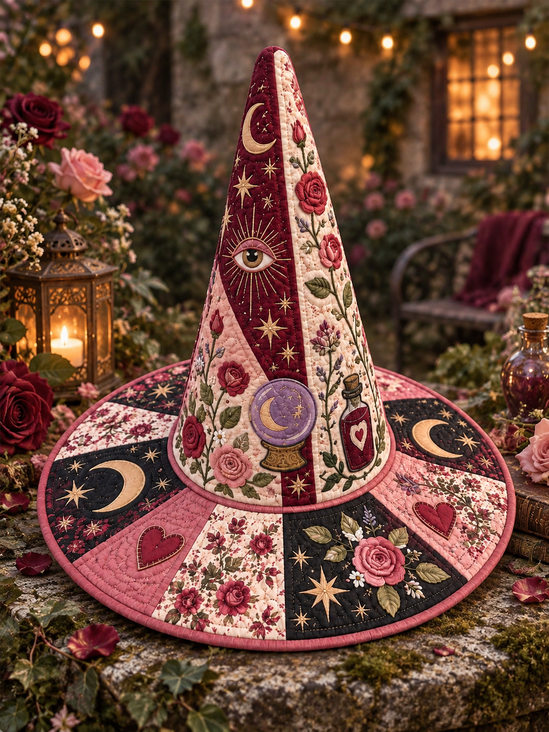 Moonlit Rose Mystic Gothic Handcrafted Quilted Witch Hat