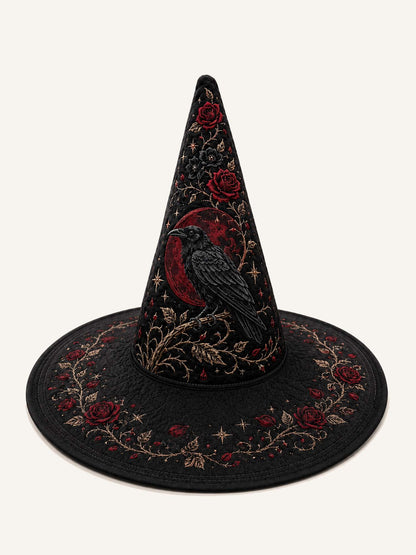 H.PAI Black Rose Raven Victorian Gothic Handcrafted Quilted Witch Hat