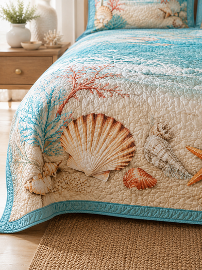 Coastal Shell Ocean Quilted 3-Piece Bedding Set
