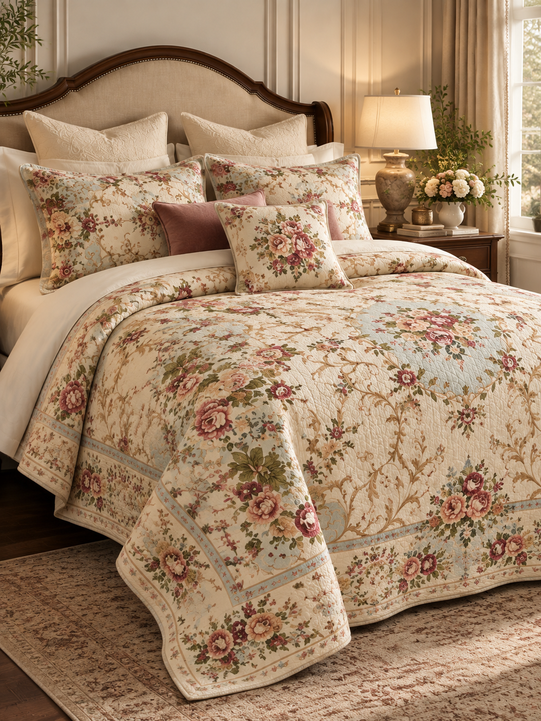 Vintage Botanical Rose Floral Quilted 3-Piece Bedding Set