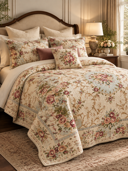 Vintage Botanical Rose Floral Quilted 3-Piece Bedding Set