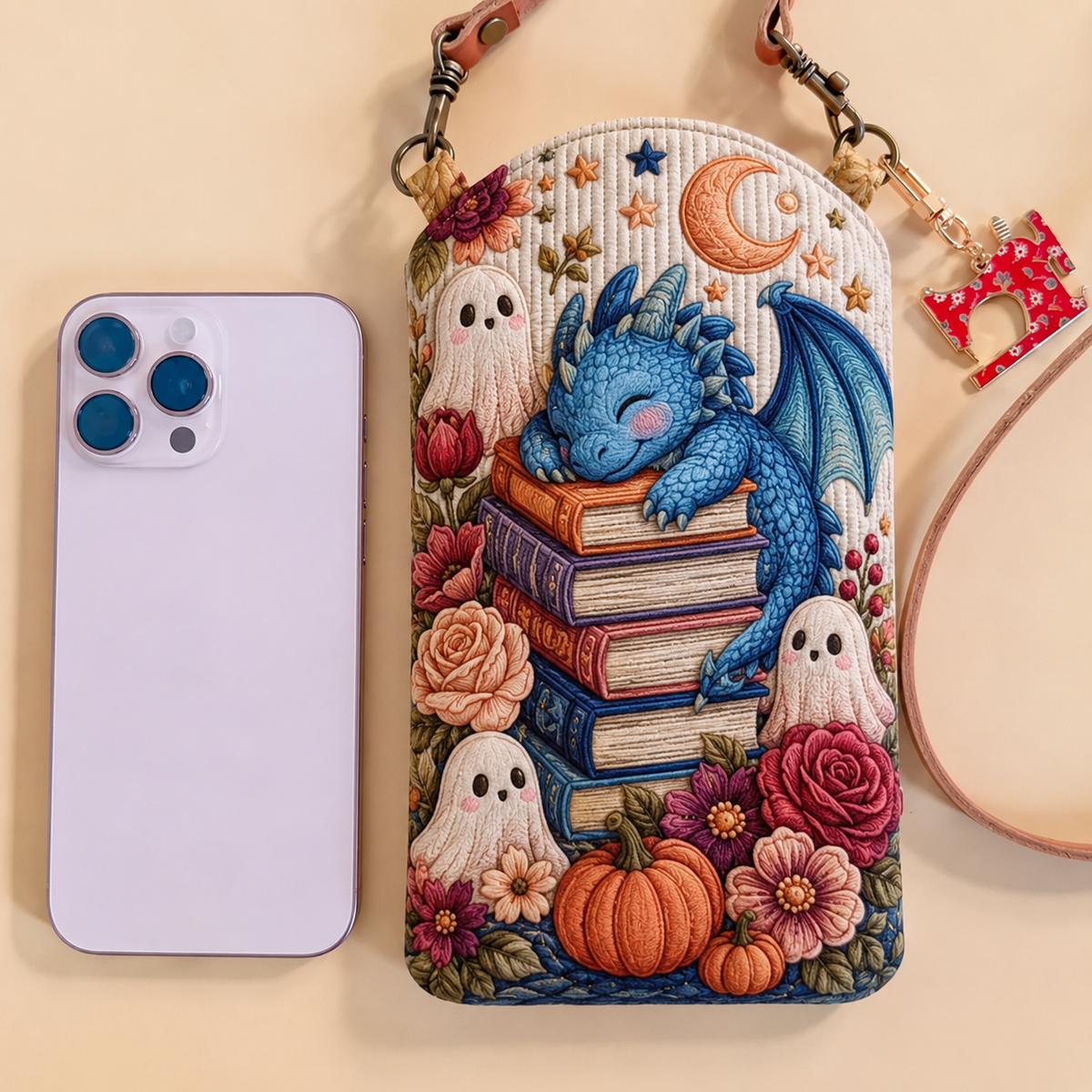 Smalle gewatteerde telefoonhoes – Blauwe luiaard op een stapel boeken