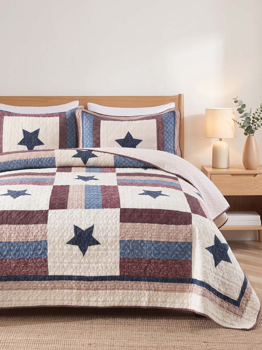 Americana Star Patchwork Quilted 3-Piece Bedding Set